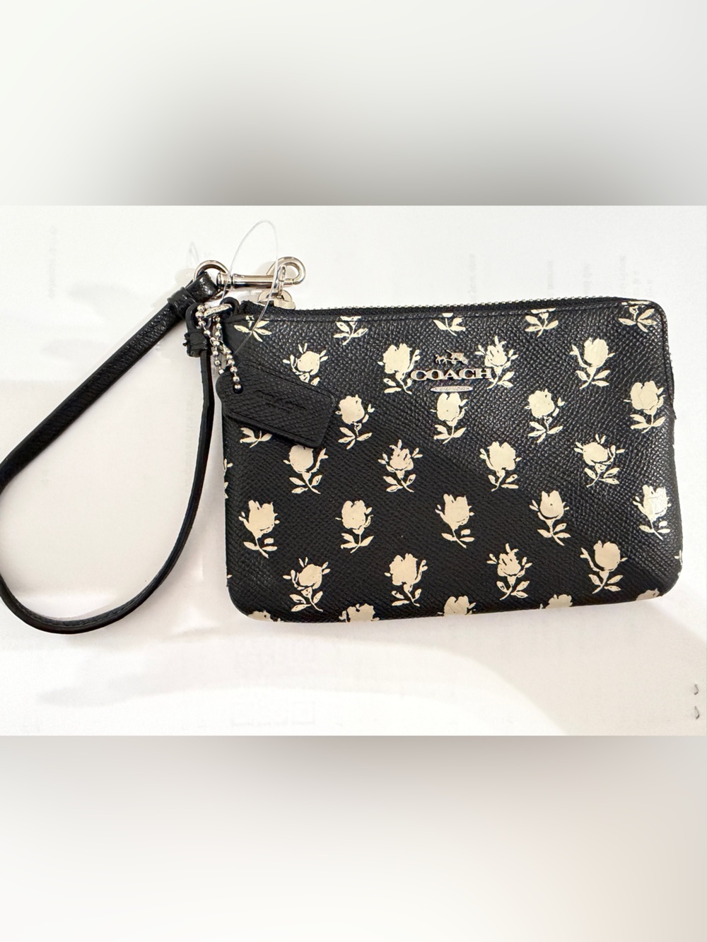COACH Black and Cream Floral Wristlet